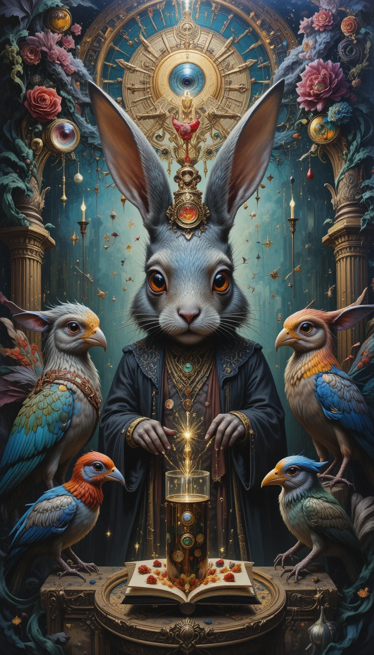 Coelho alquimista surreal em um misterioso universo de fantasia