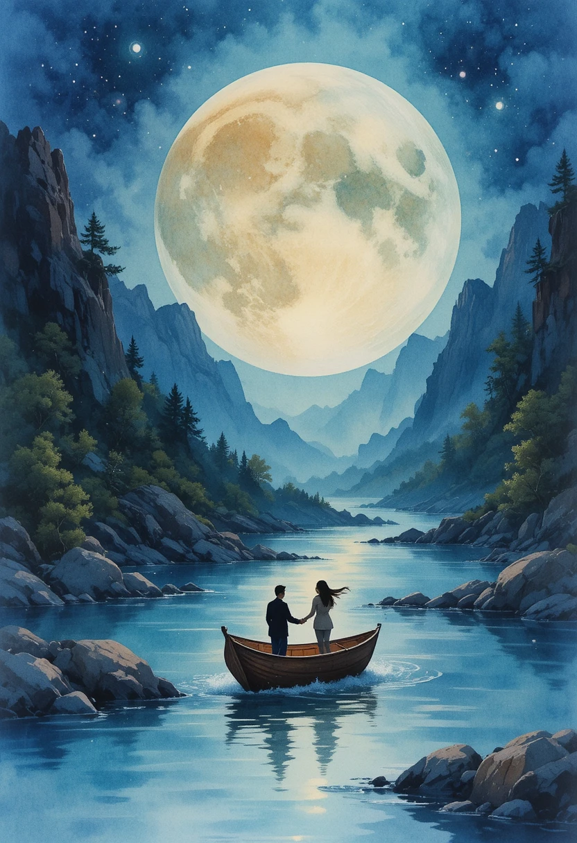 月色下的河面景象，隱約通往遠方的渡口