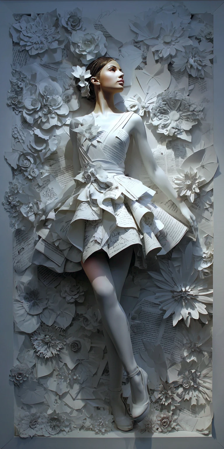Surreal fashion woman with sculptural paper on canvas