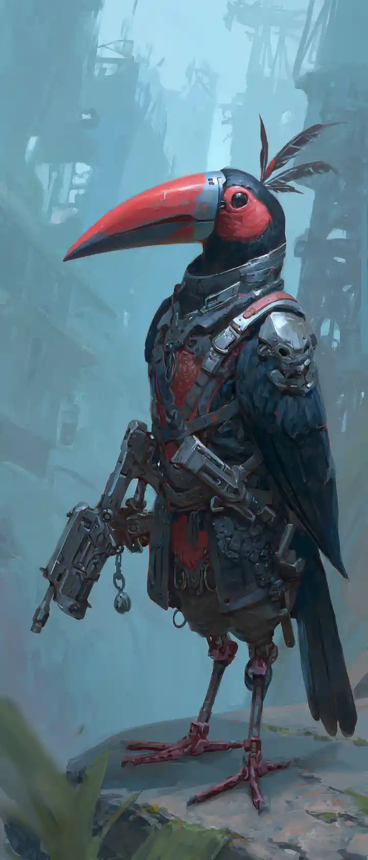 Futuristic bird warrior in black armor on ruined ground