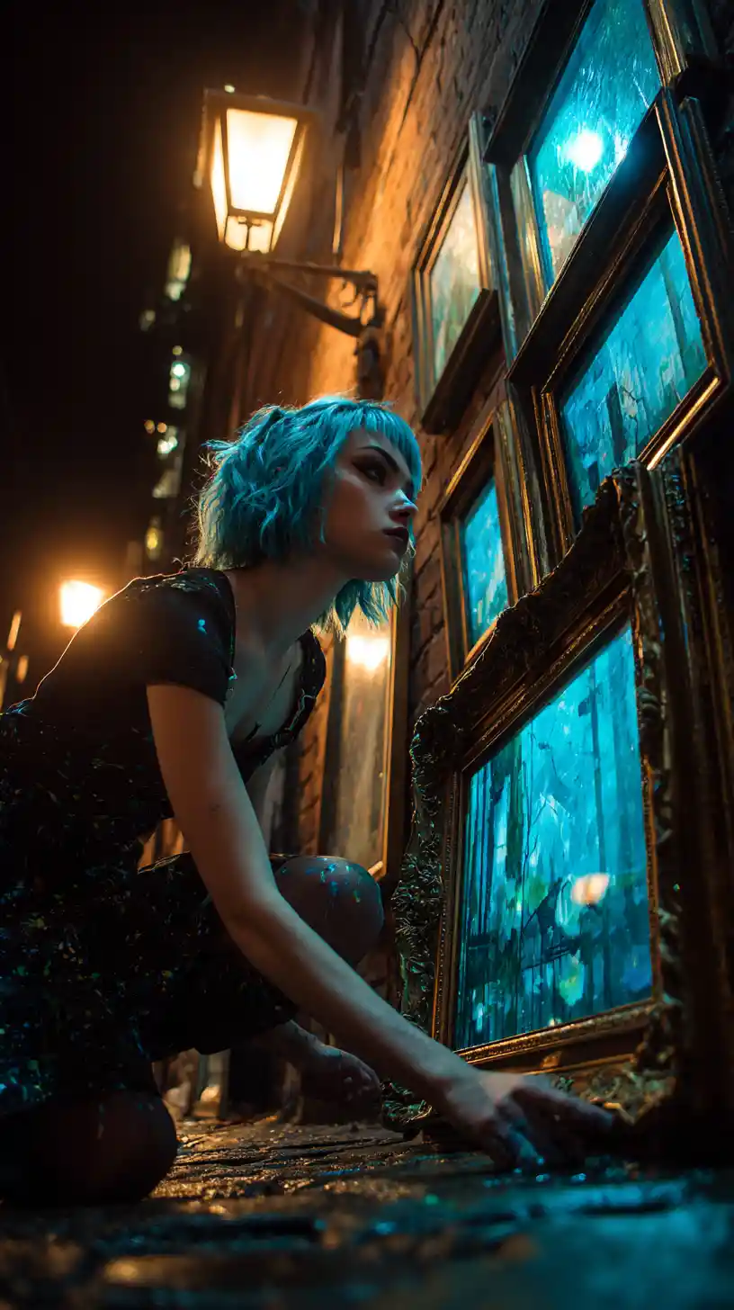 Woman hanging glowing animal art in a wet city alley
