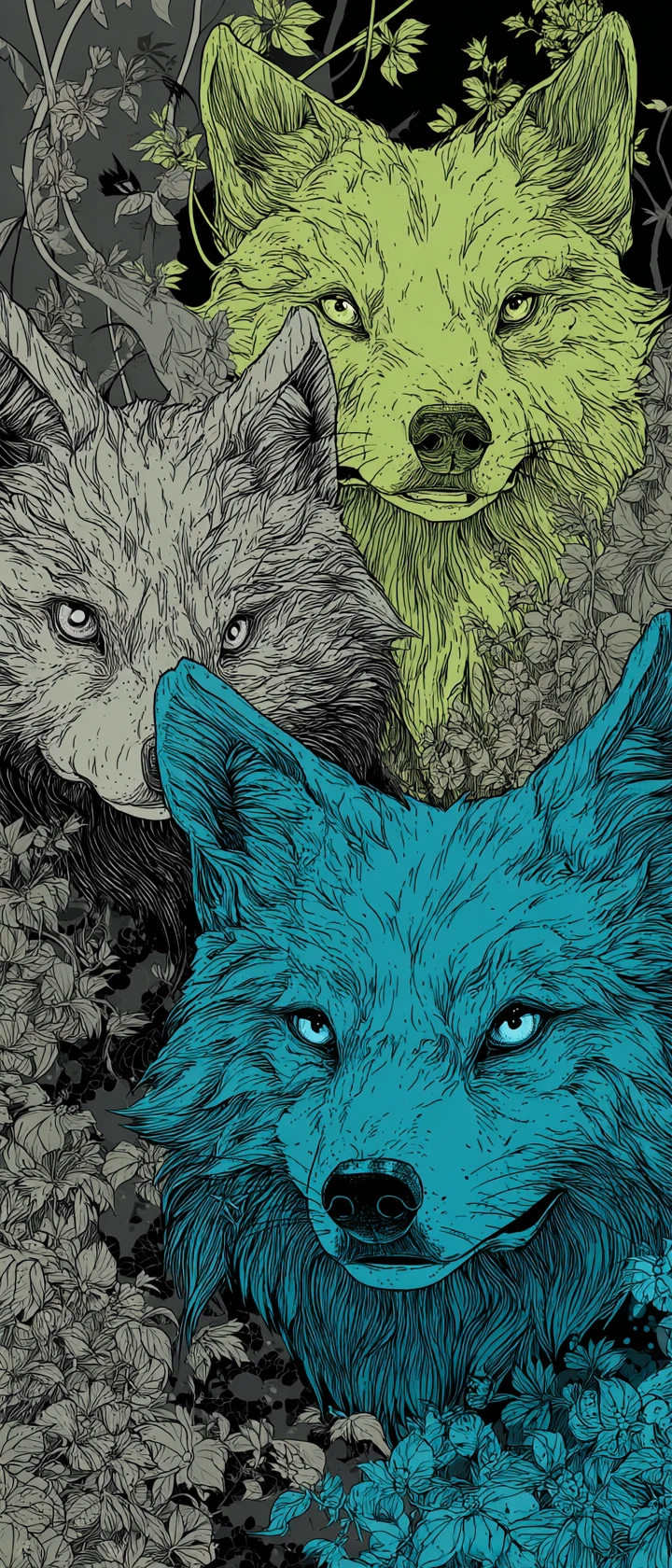 Lobo de mangá colorido em ilustração estilizada e vibrante