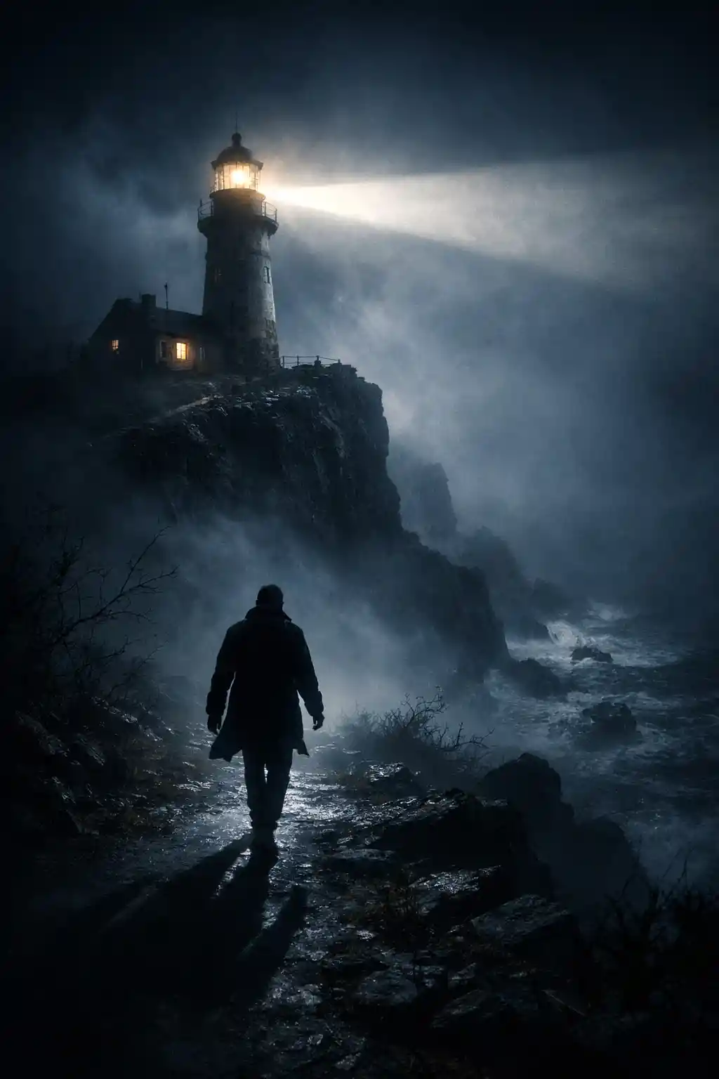Foggy lighthouse beam over cliff at night with figure