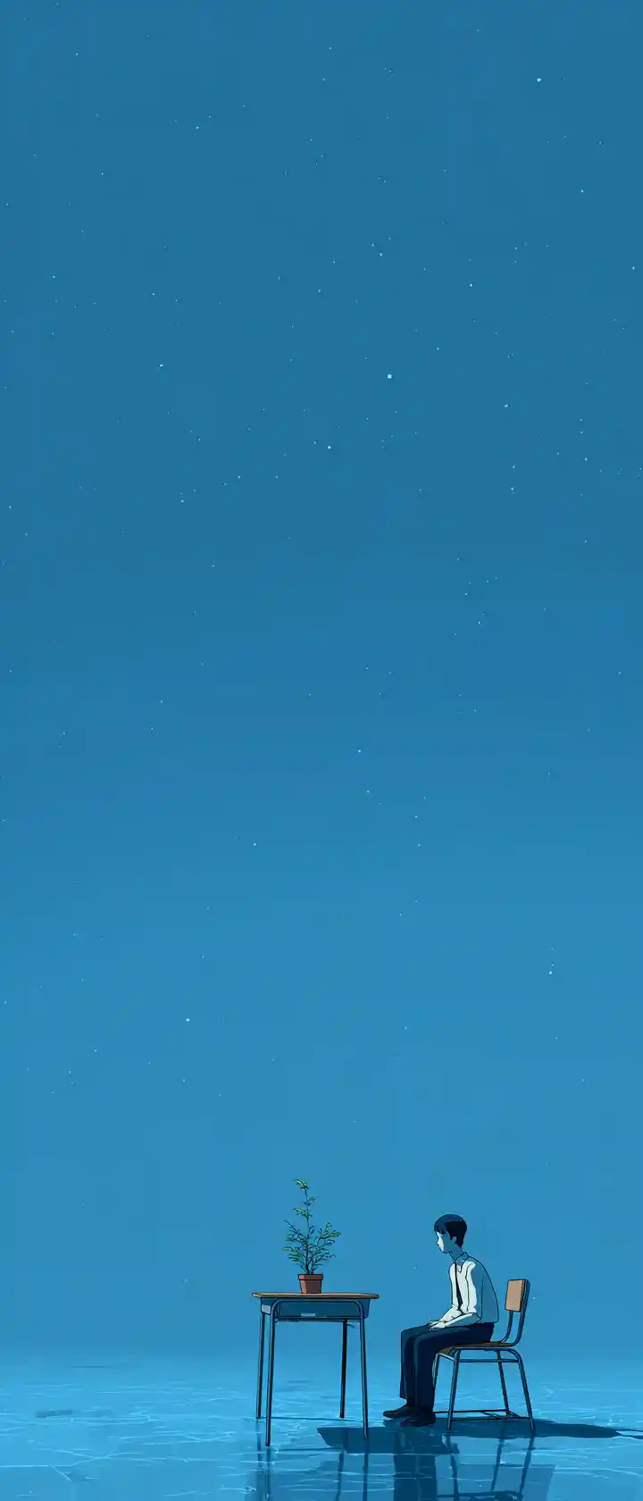 Student At School Desk In Endless Blue Void