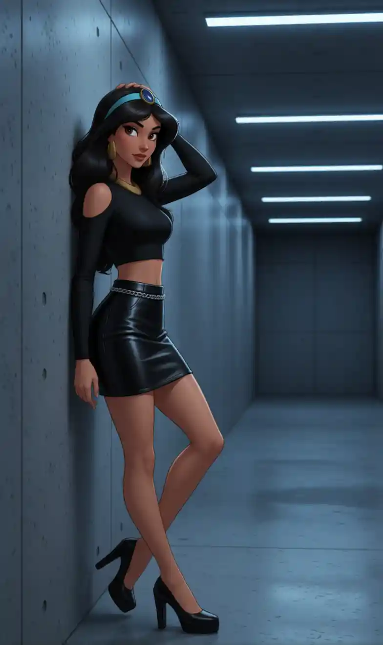 Confident woman in blue lit concrete hallway fashion pose