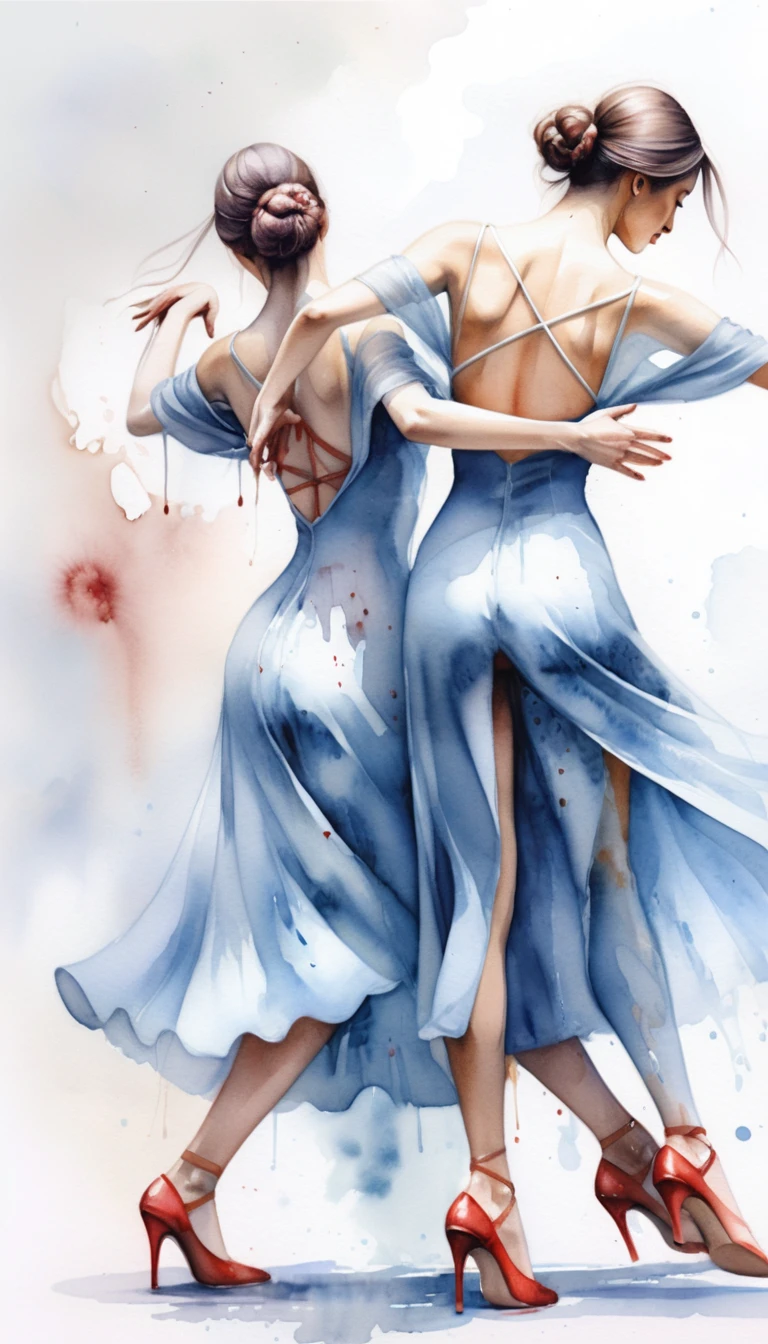Tre donne in abiti blu svolazzanti con vernice che gocciola
