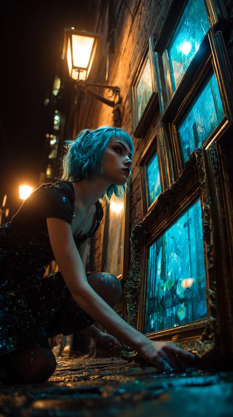 Woman hanging glowing animal art in a wet city alley