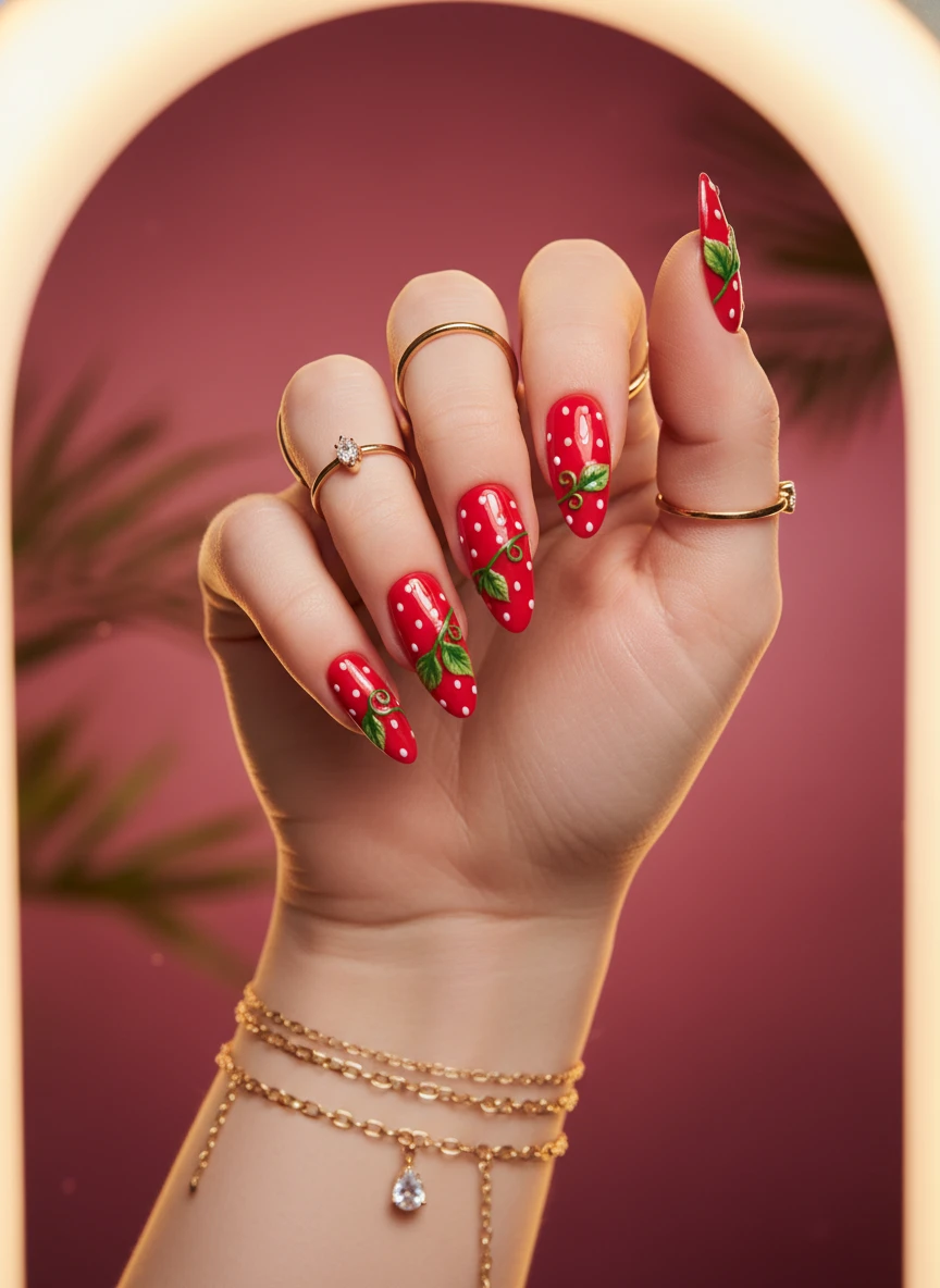 Nahaufnahme einer Hand mit erdbeerinspirierter Fantasy-Nailart