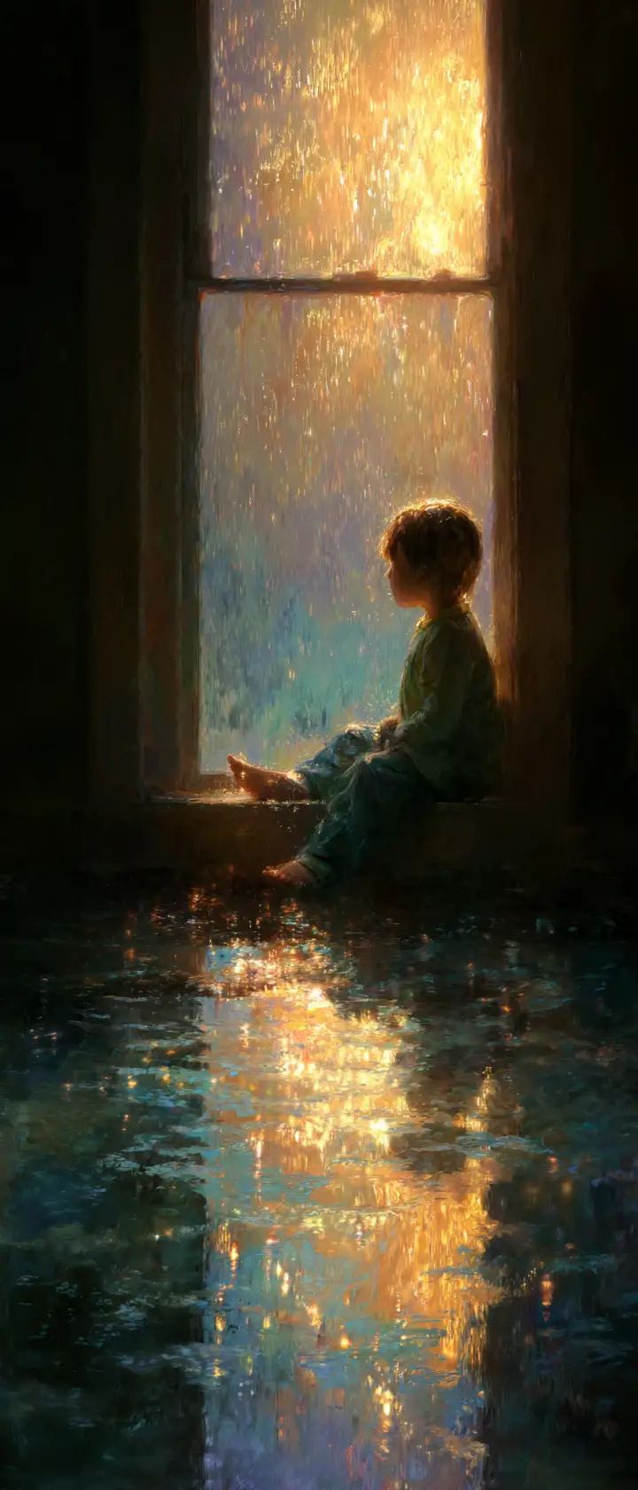 Bambino piccolo accanto a una finestra sotto la pioggia in una luce dorata brillante