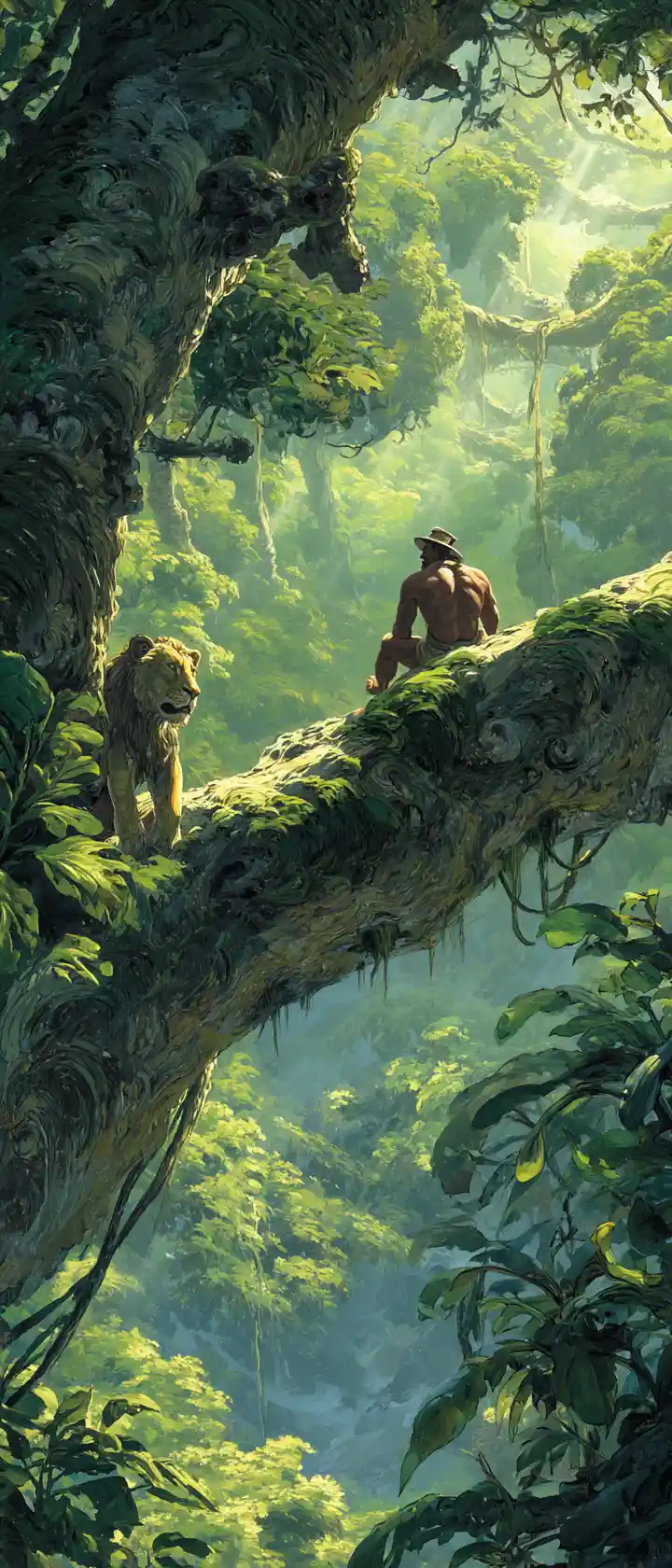 Sunlit jungle hero on mossy branch seen from above