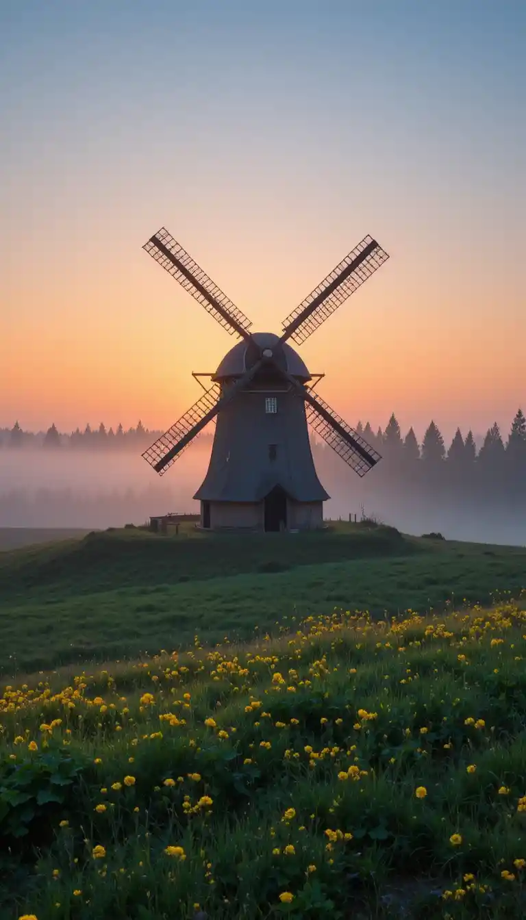 Moulin à vent hollandais paisible sur une colline brumeuse au lever du soleil