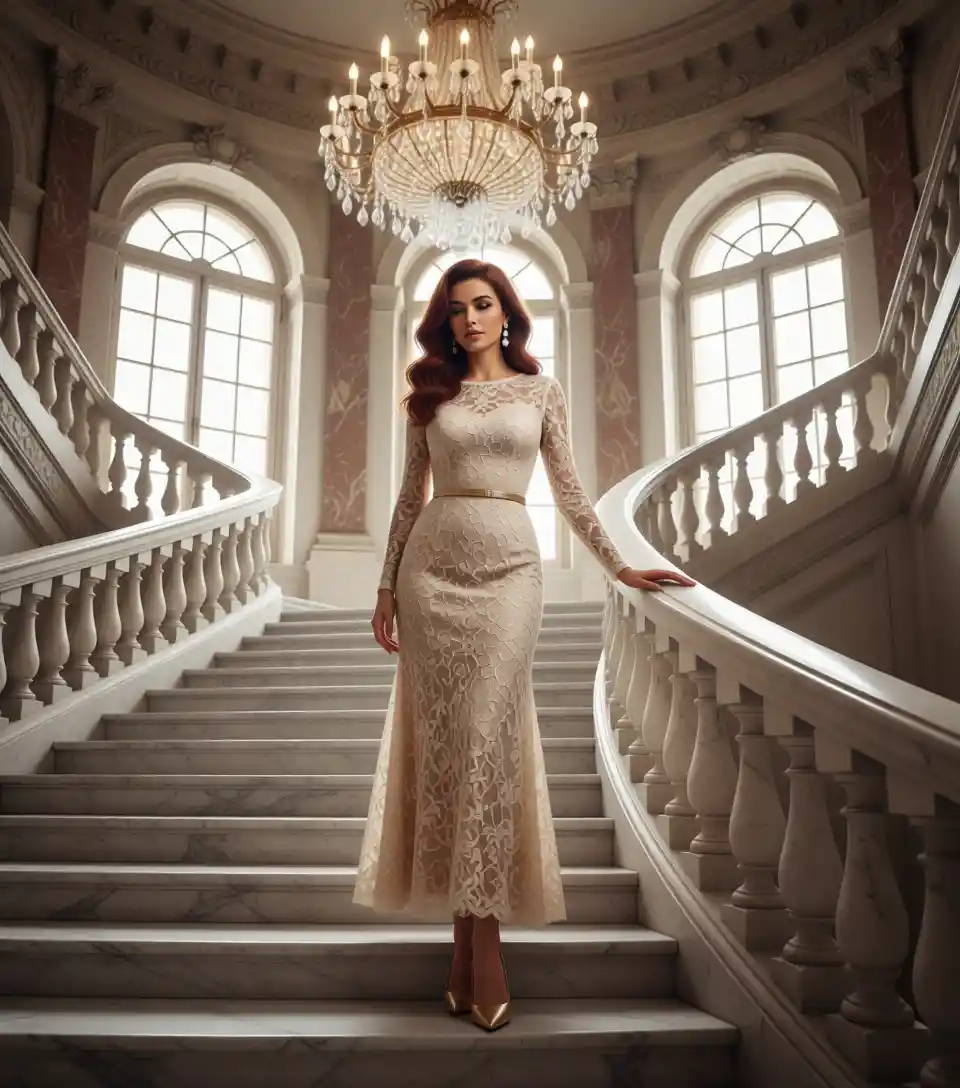 Mulher elegante posando na grande escadaria de mármore de uma mansão