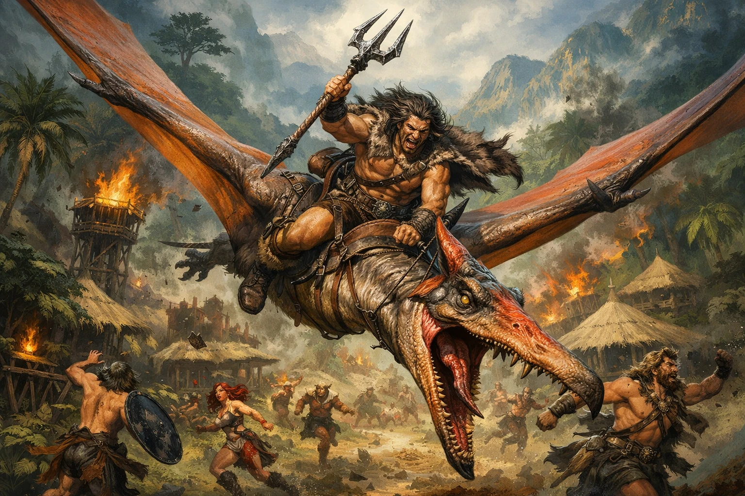 Barbarian Riding A Pterodactyl Above Jungle Village