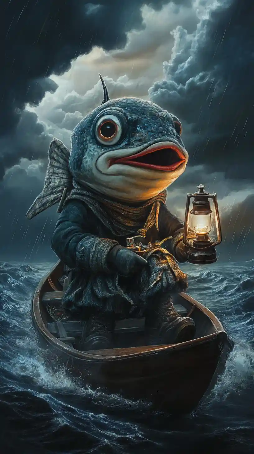 划艇上手持古老油燈的神祕魚