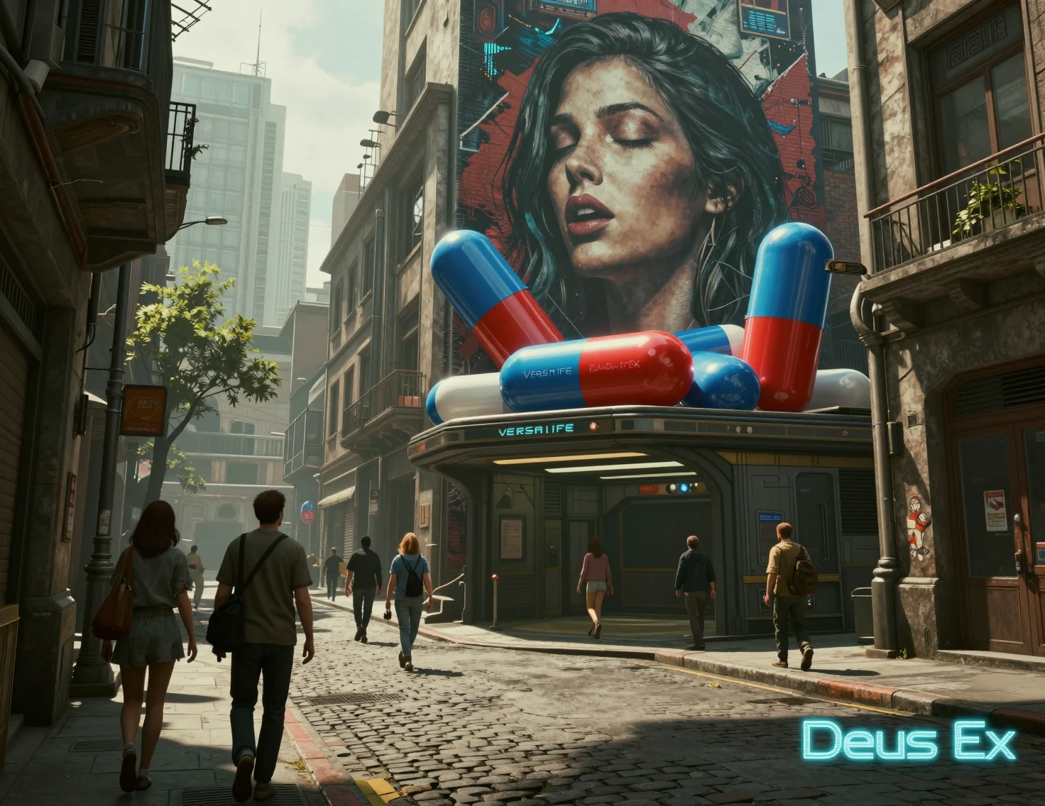 Cápsulas futuristas acima de mural em rua estreita da cidade