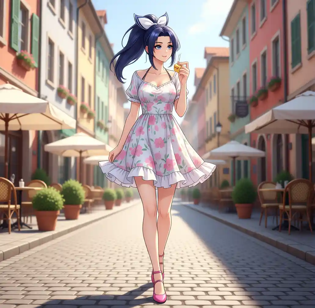 Smiling woman walking on sunny European cobblestone street