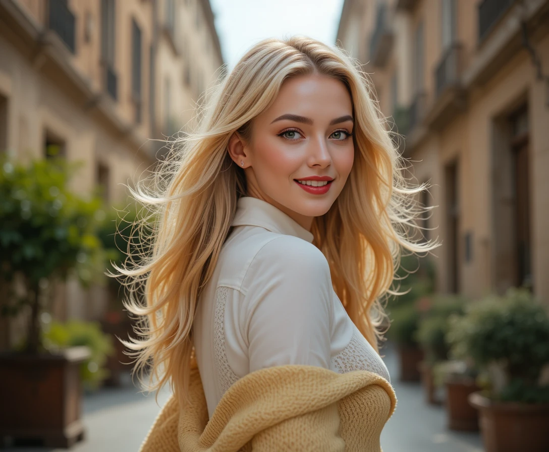 Cheerful blonde woman turning on a historic Milan street