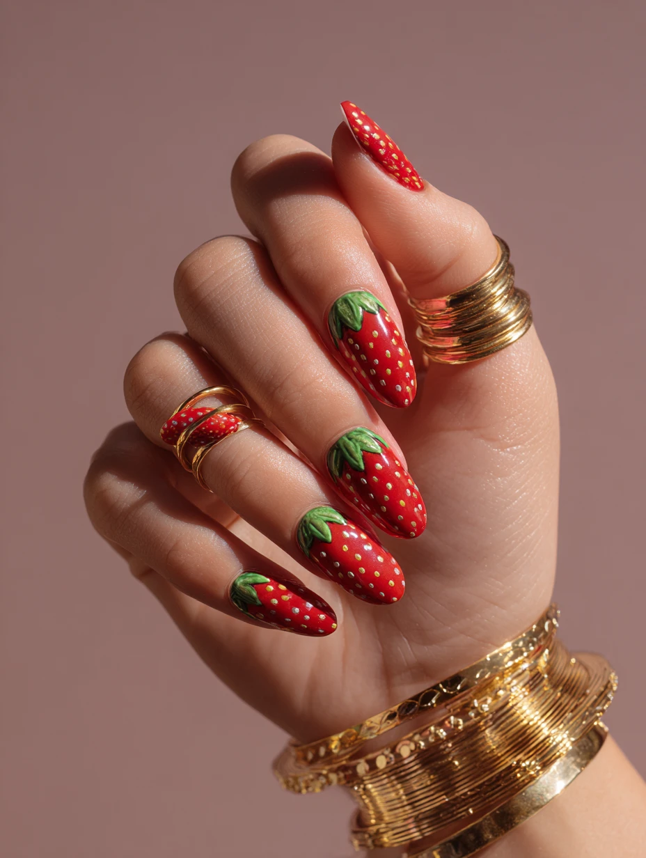 Nahaufnahme von erdbeerinspirierter Fantasy-Nailart und Goldschmuck
