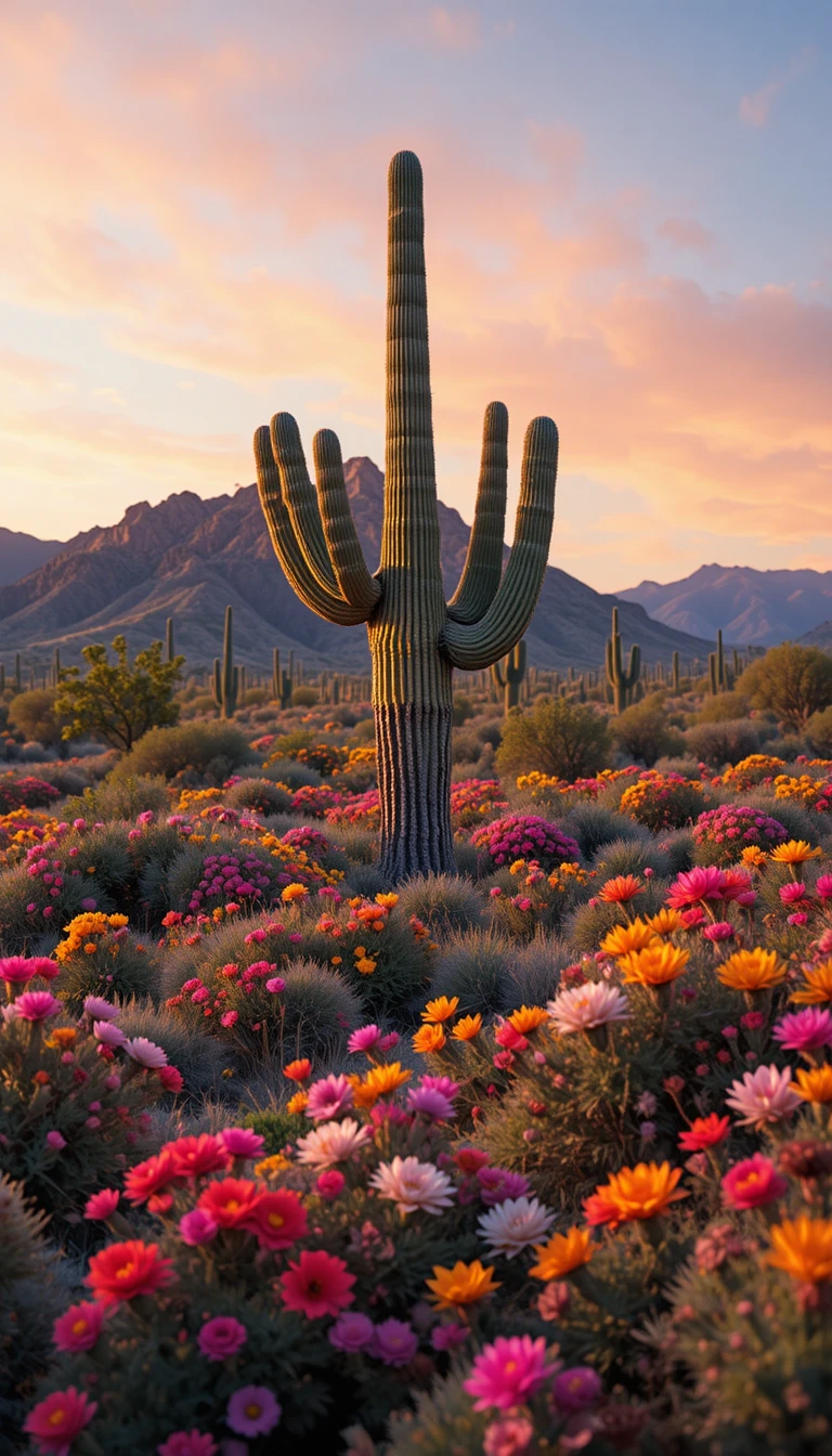 Sunlit saguaro cactus in a blooming desert landscape