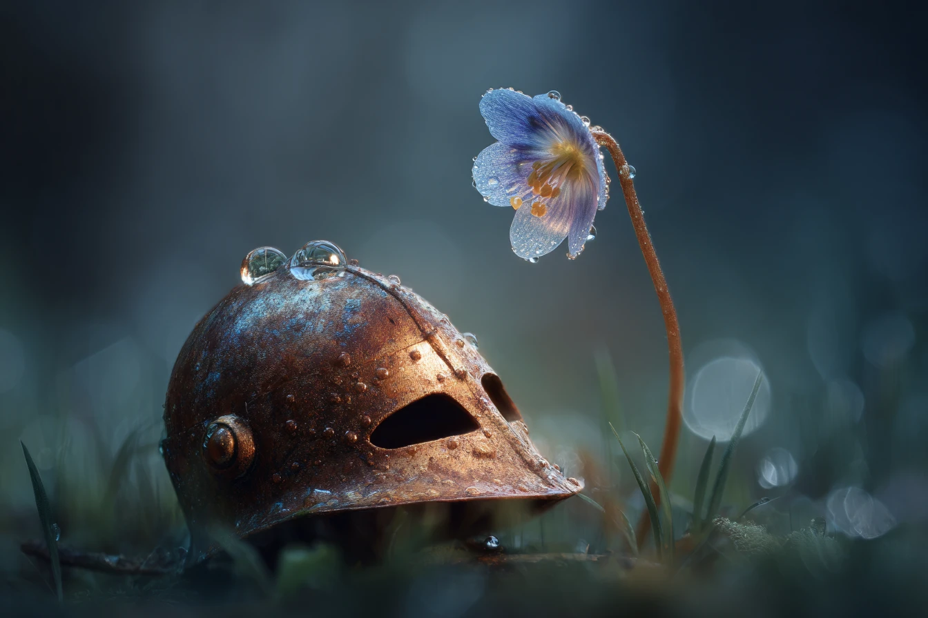 Casque de chevalier rouillé dans l’herbe avec fleur perlée de rosée en fleur