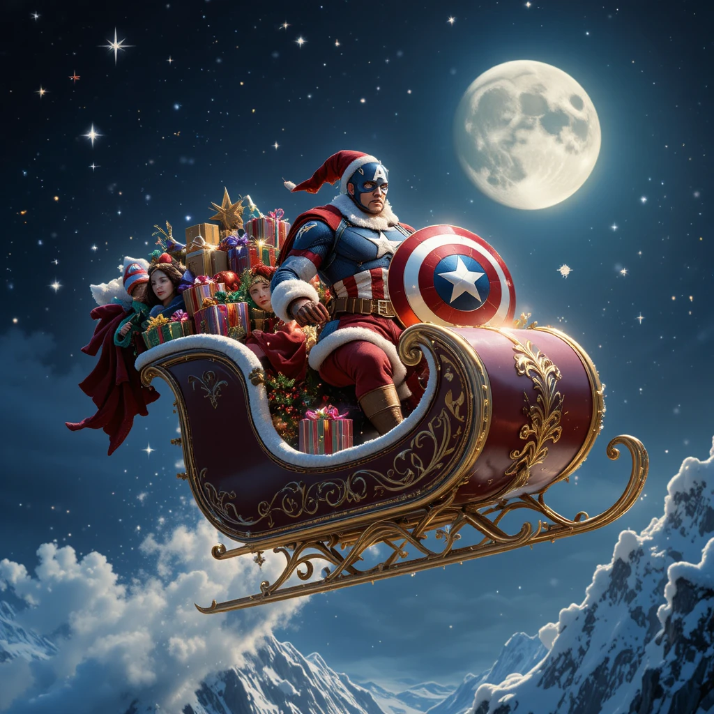 Papai Noel Super‑Herói em Trenó Cruzando o Céu Noturno