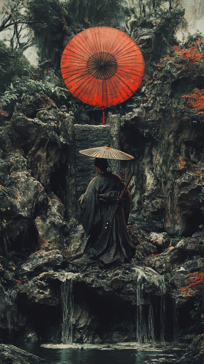 Samurai surreal em uma cena sombria de fantasia de conto de fadas ilusória
