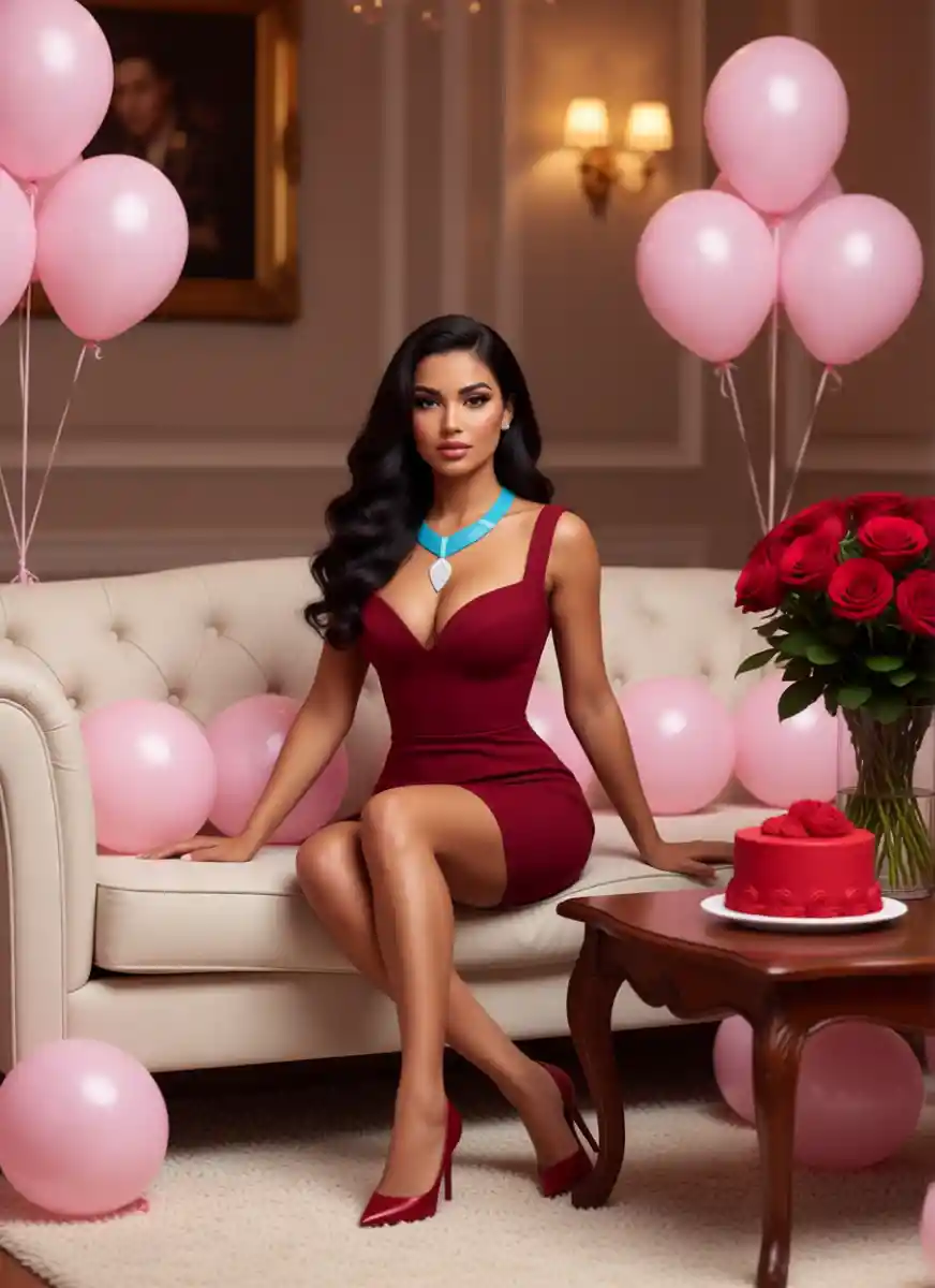 Mujer elegante con vestido rojo en celebración interior