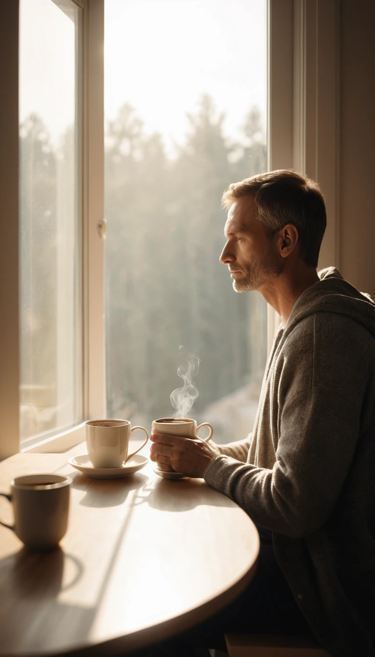 Adult with morning coffee by a softly lit window