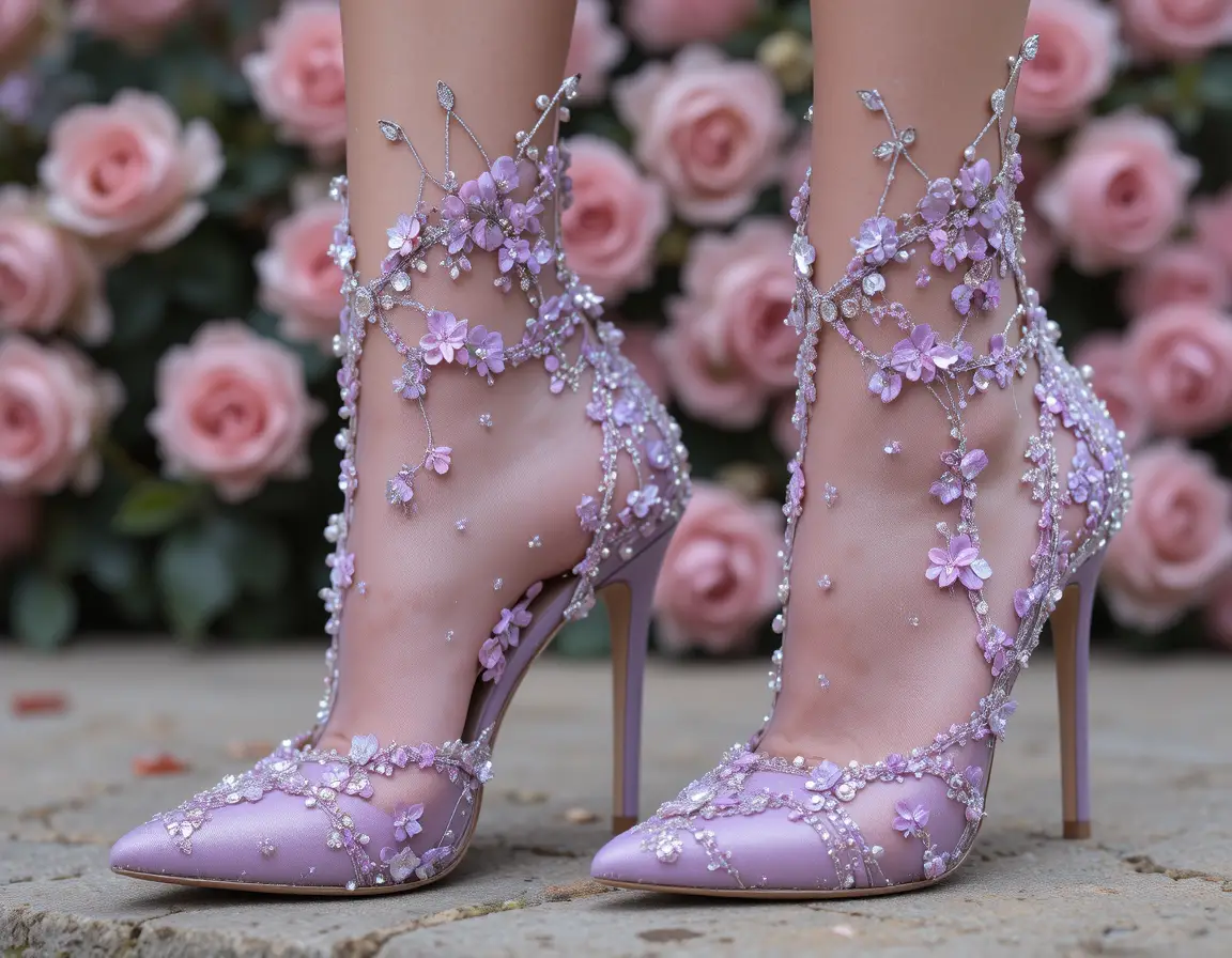 Lila High-Heel-Stiefel mit Blumenmuster zwischen zarten rosa Rosen