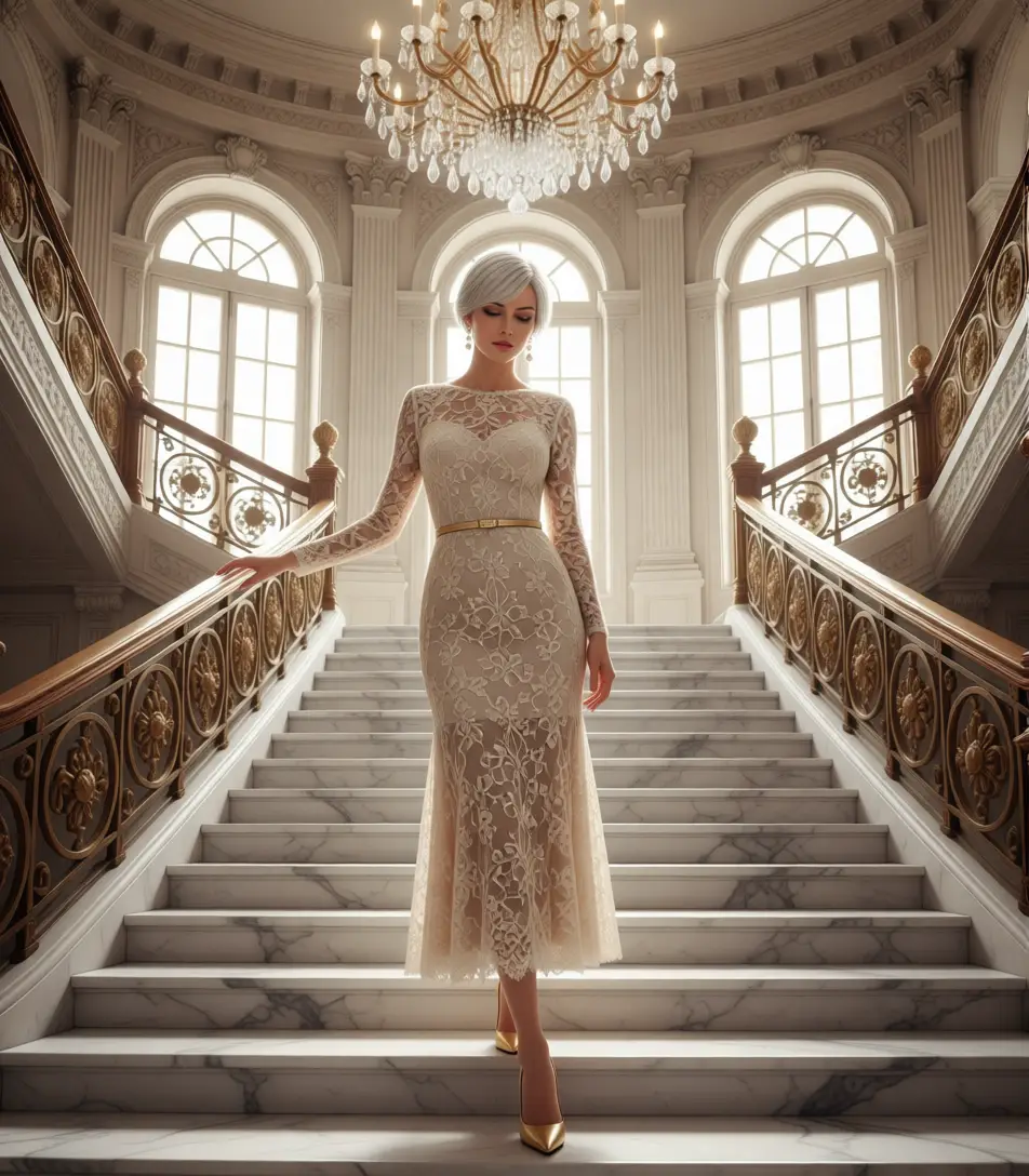 Mulher elegante em grande escadaria de mármore em mansão histórica