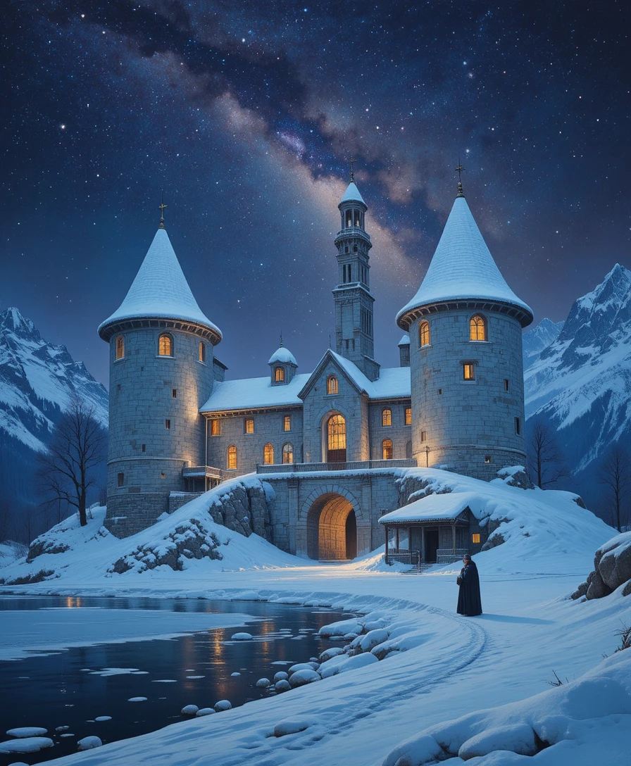 Snow covered monastery fortress under a glowing winter sky