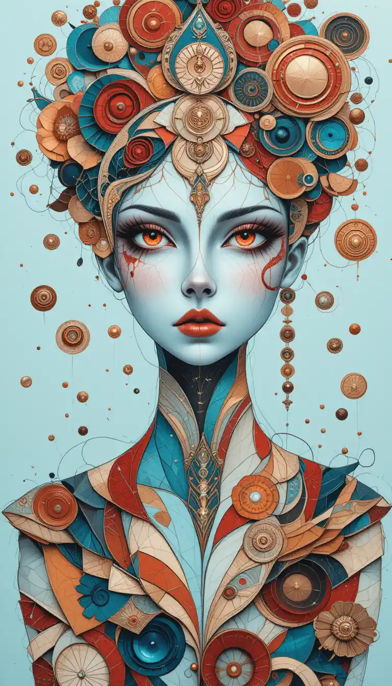 Surreal cyan female portrait in ornate collage fragments