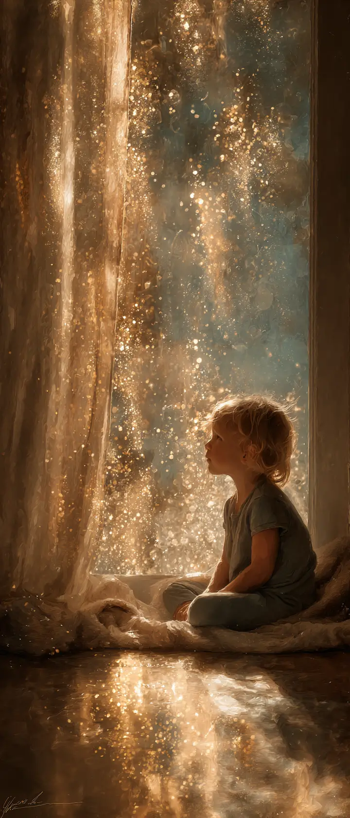 Bambino piccolo accanto a una finestra piovosa nella calda luce dorata