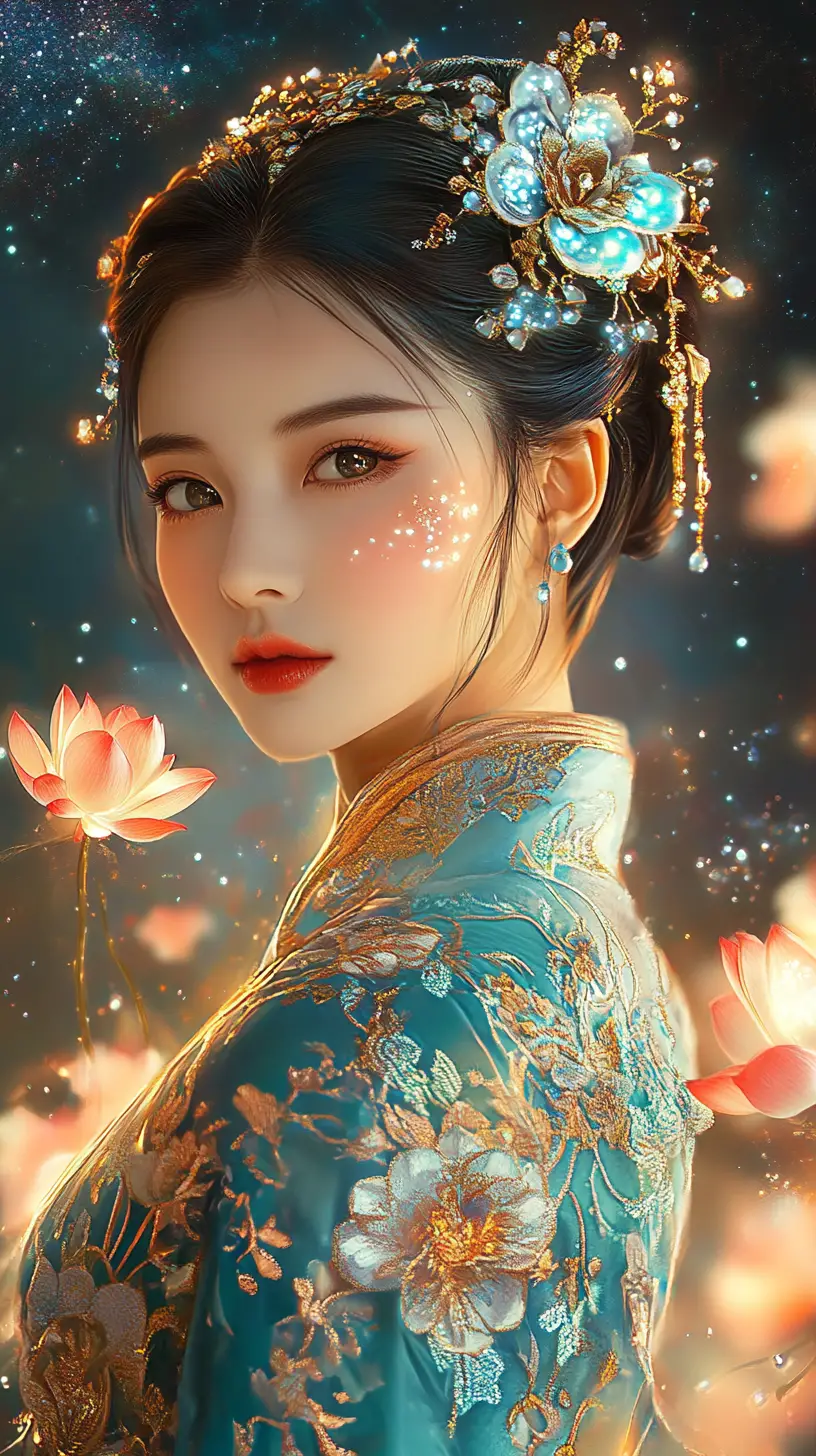 Fille éthérée en qipao bleu sarcelle au milieu de lotus cosmiques