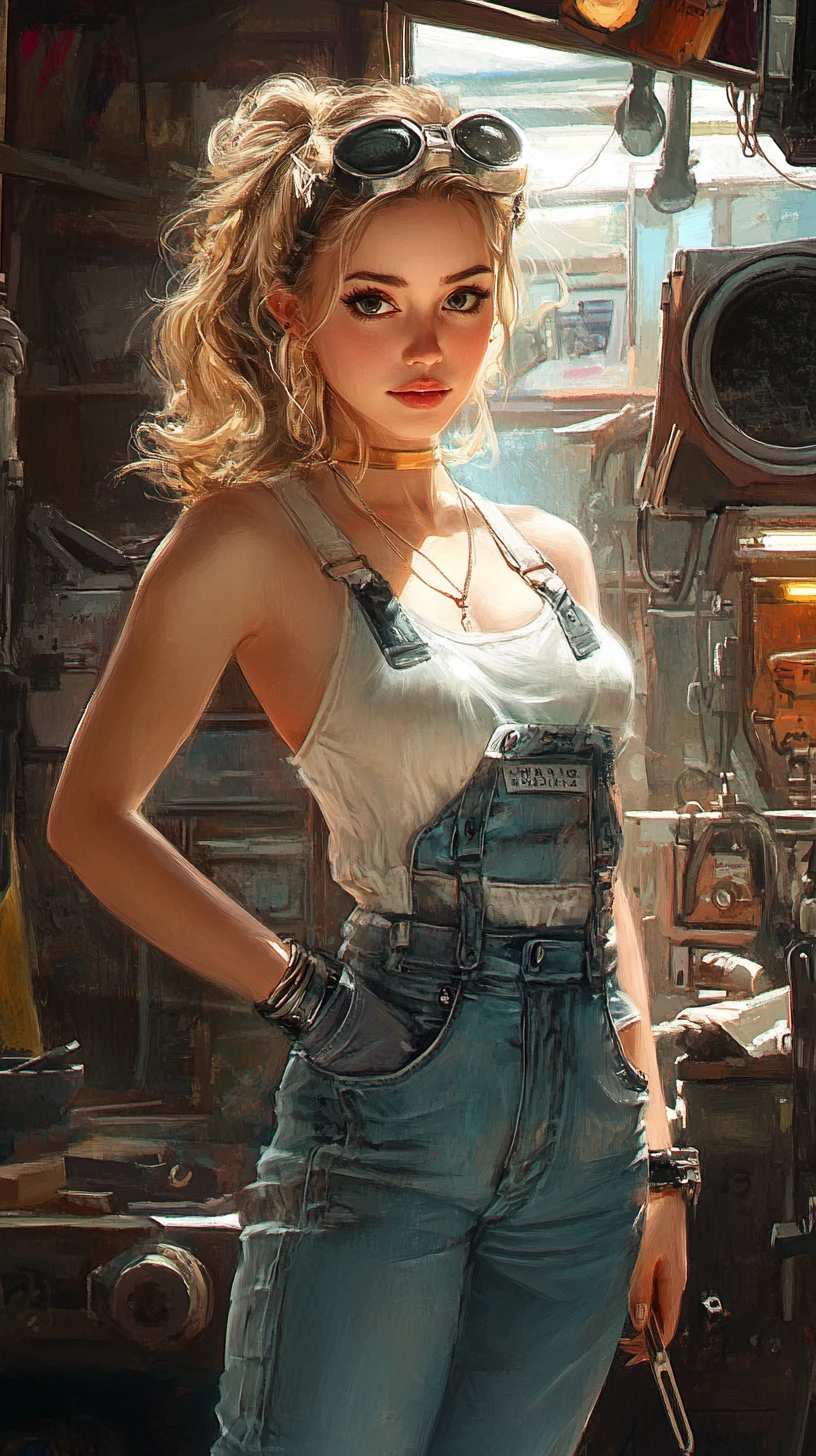 Fantasy mechanic girl in an urban steampunk car workshop