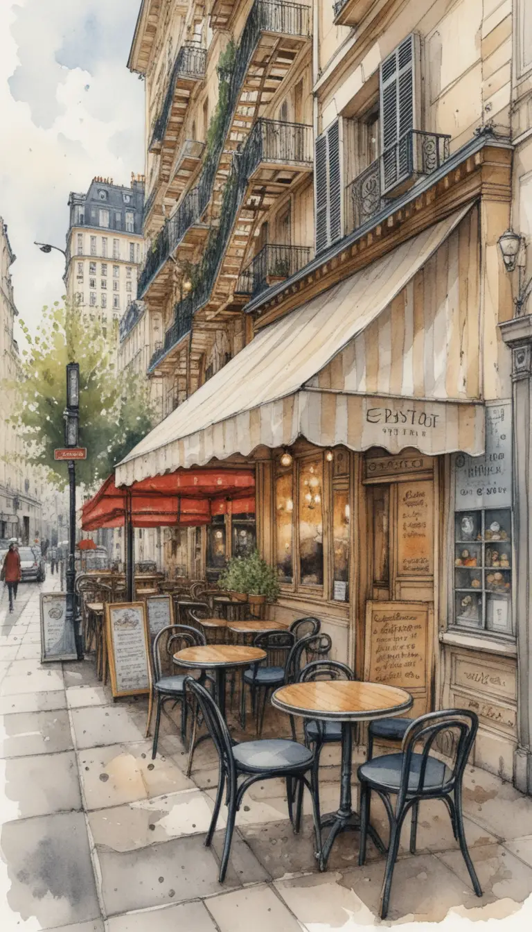 Café de rua em Paris com ilustração em aquarela arquitetônica detalhada
