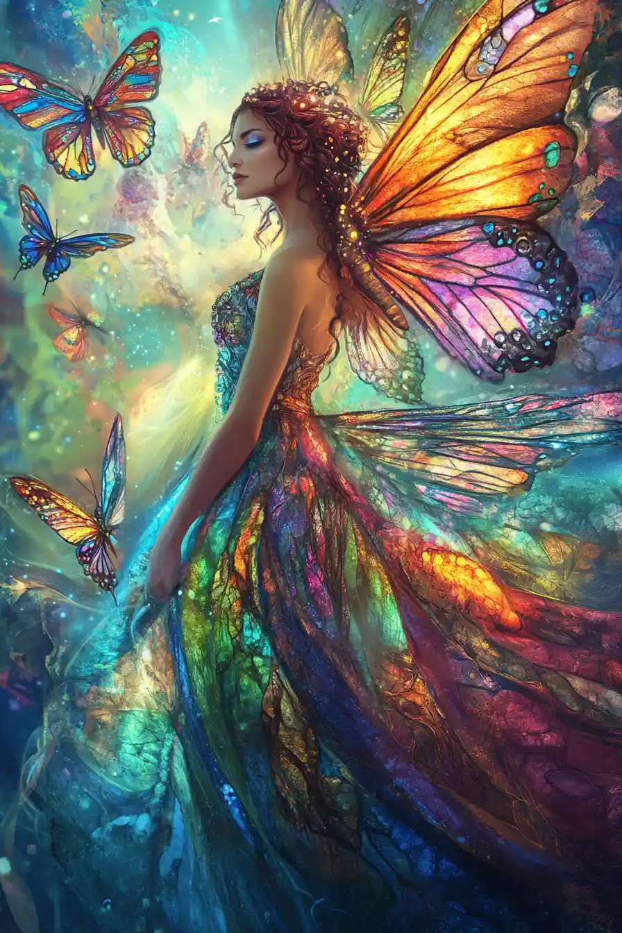 Ethereal woman in stained glass dress with dancing dragonflies