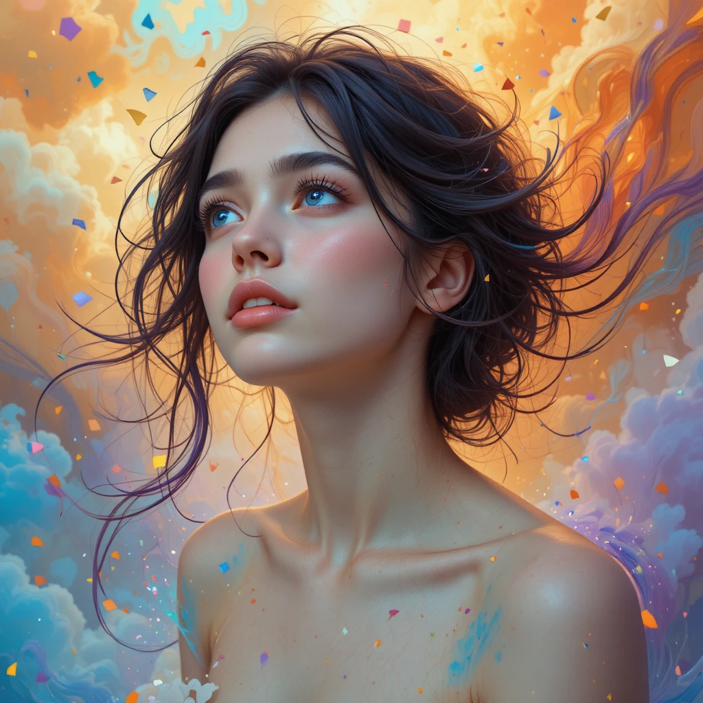 Giovane donna in un ritratto digitale di fantasia colorato e onirico