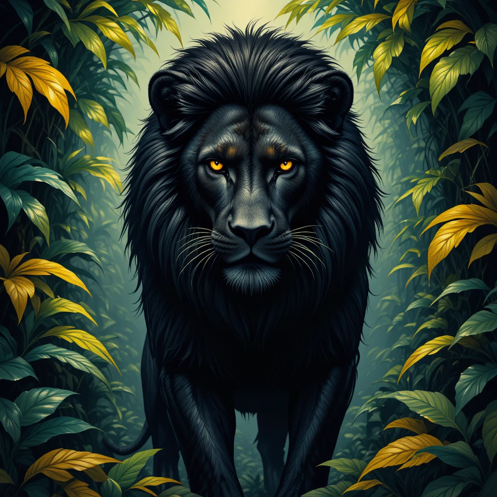Leão negro com olhos dourados em uma selva exuberante