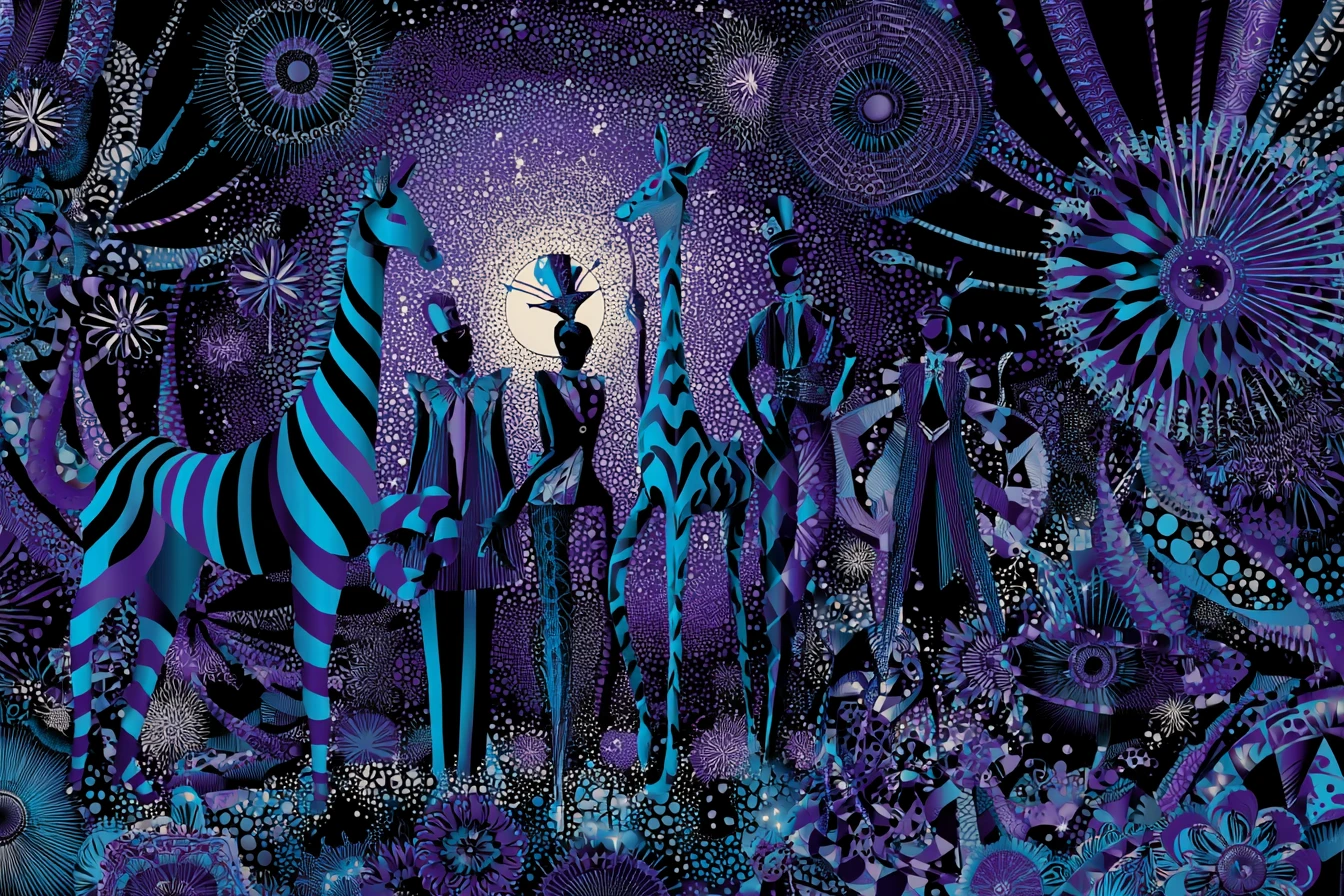 Circo noturno roxo e verde-azulado com clima de carnaval gótico