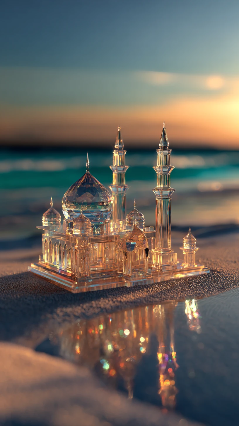 Crystal mosque glowing by the sea at golden hour