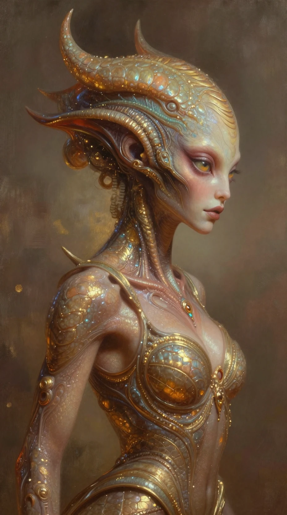 Profil einer Alien-Kaiserin mit schimmernder, warm schuppiger Haut