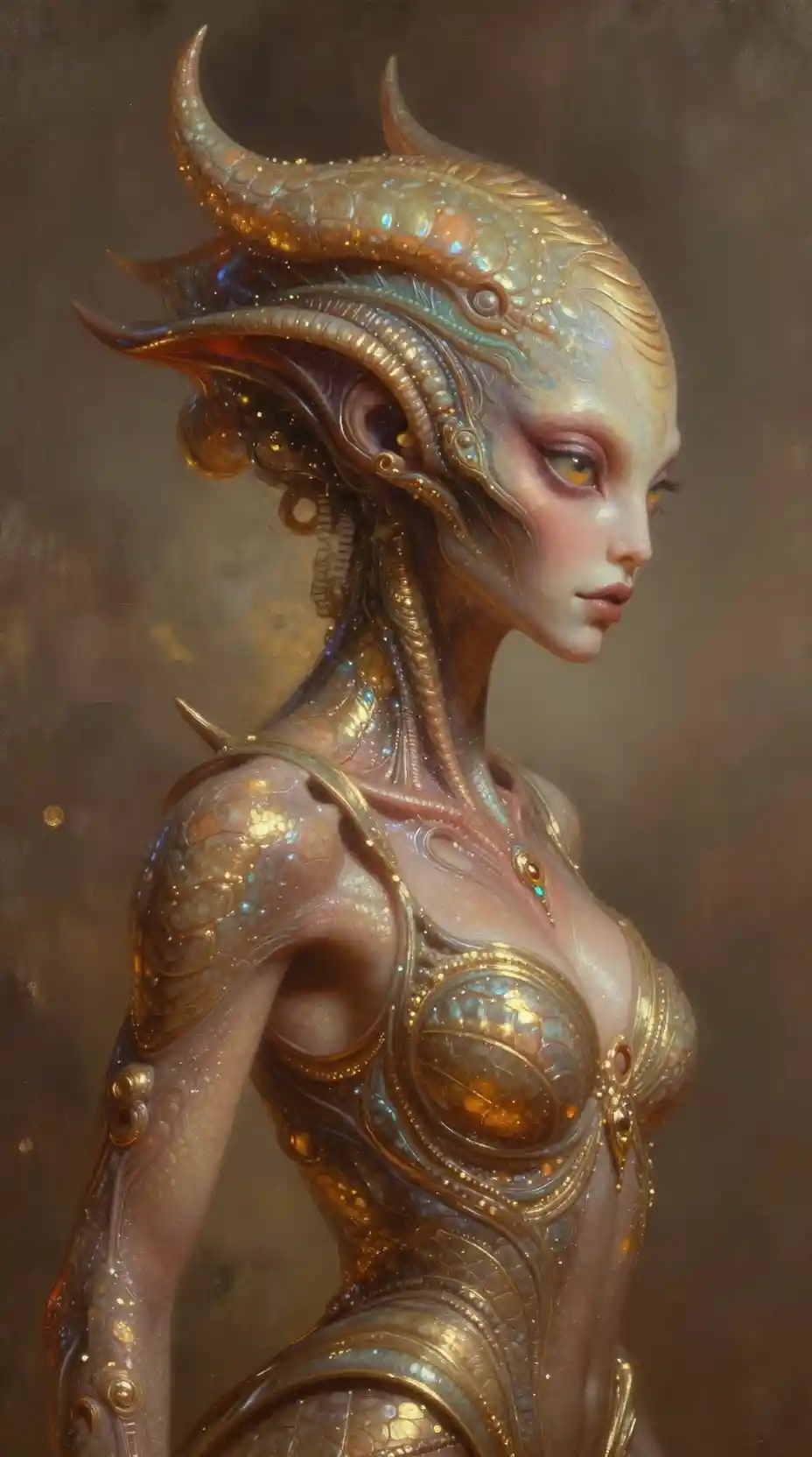 Profil einer Alien-Kaiserin mit schimmernder, warm schuppiger Haut
