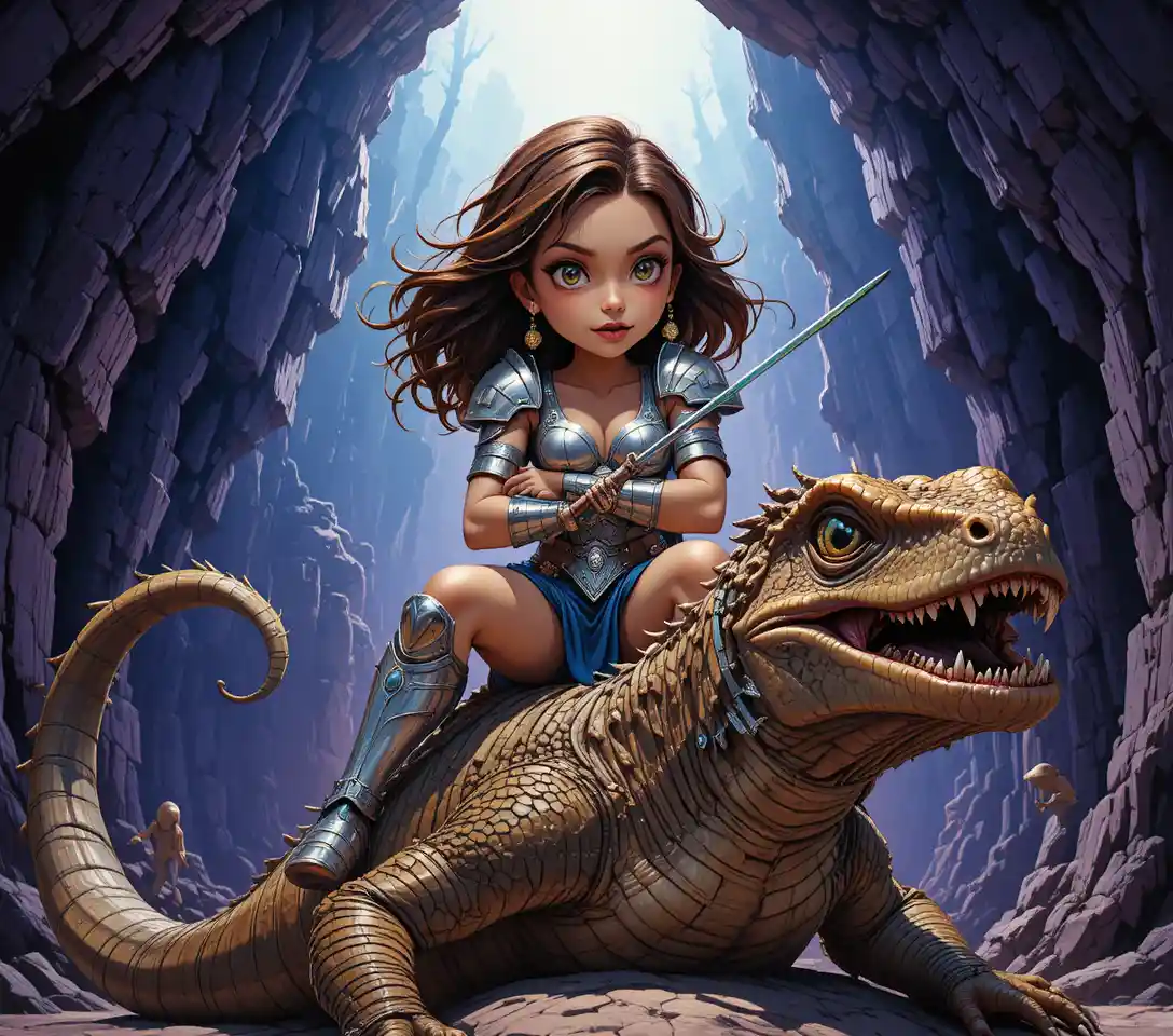 Armored warrior woman standing over a golden reptile