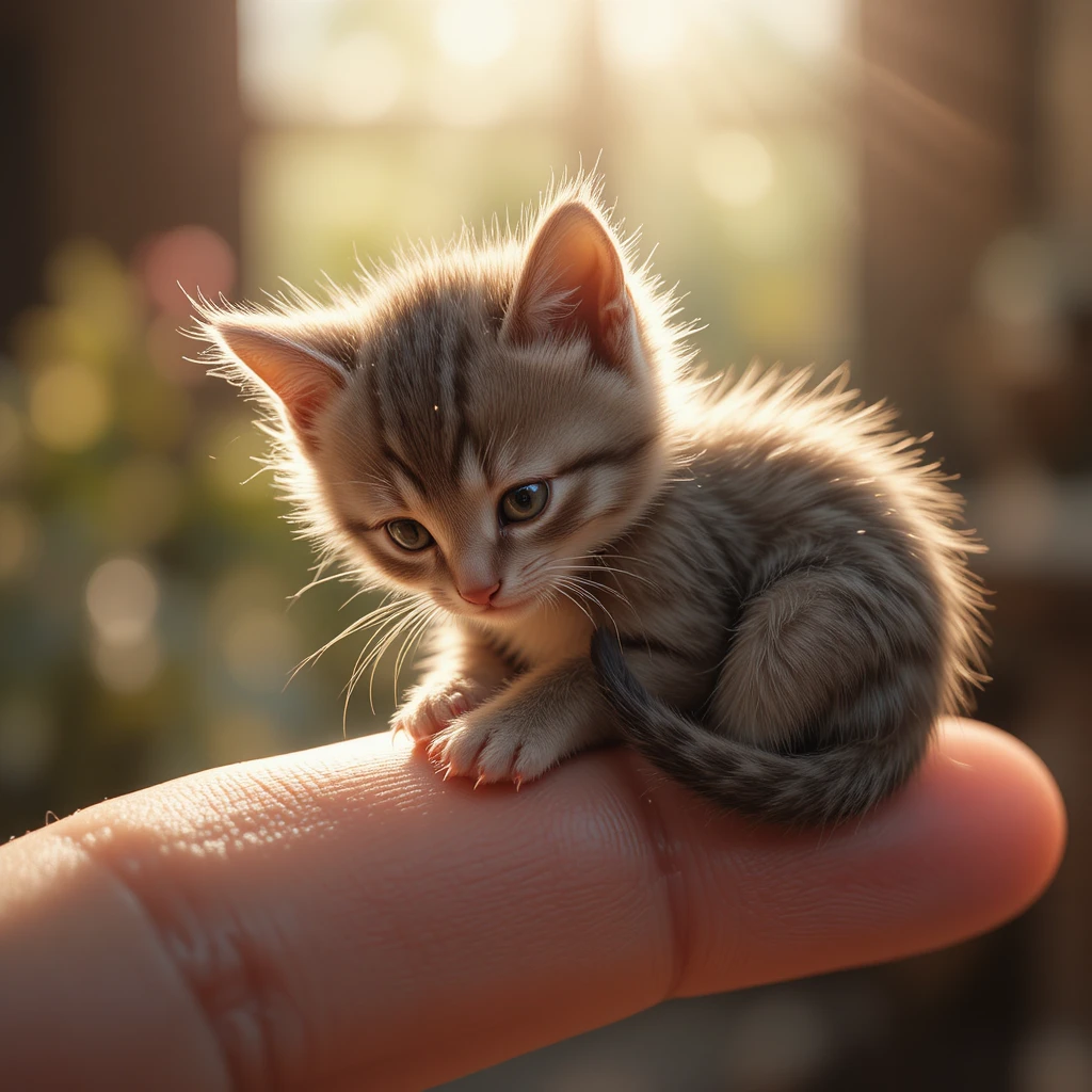 Minúsculo gatinho descansando suavemente na ponta de um dedo humano