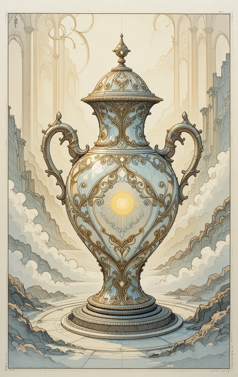 Ilustración a tinta de jarrón antiguo en suave luz dorada