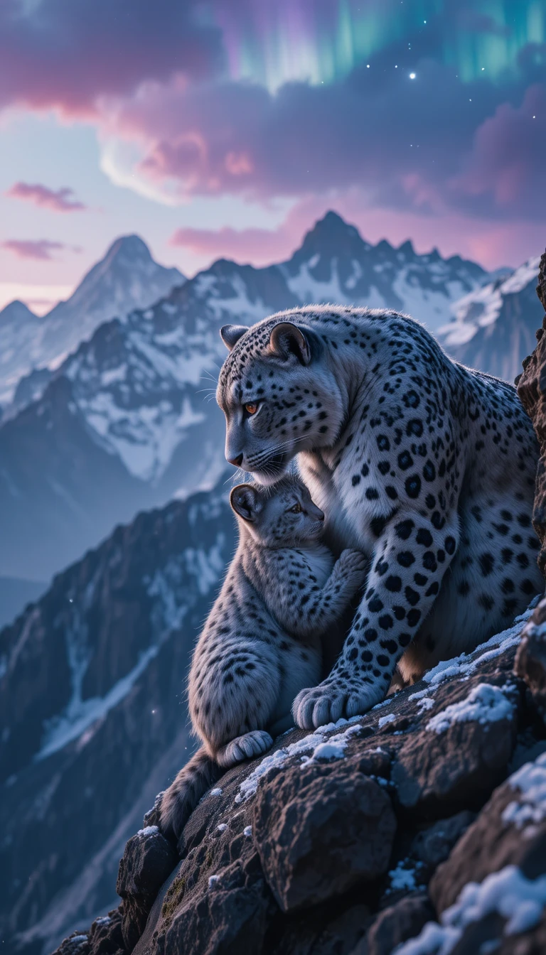Snow leopard mother nuzzling her cub on mountain cliff