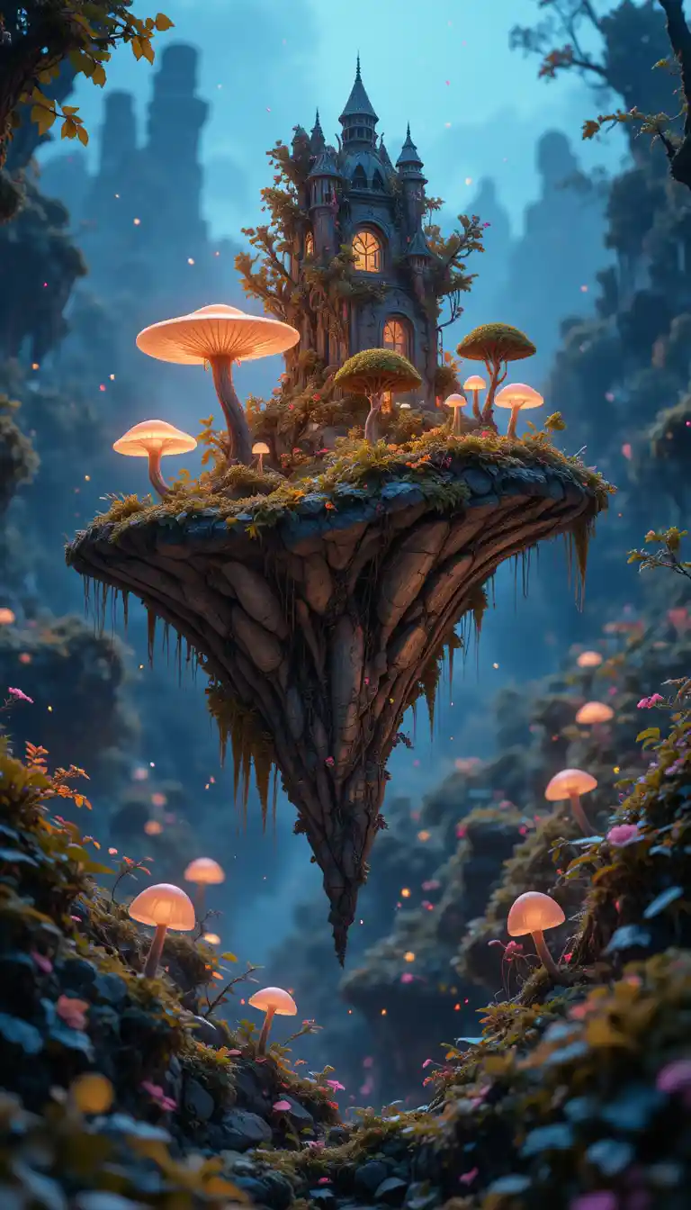 Mystical Floating Islands Above A Luminous Twilight Forest
