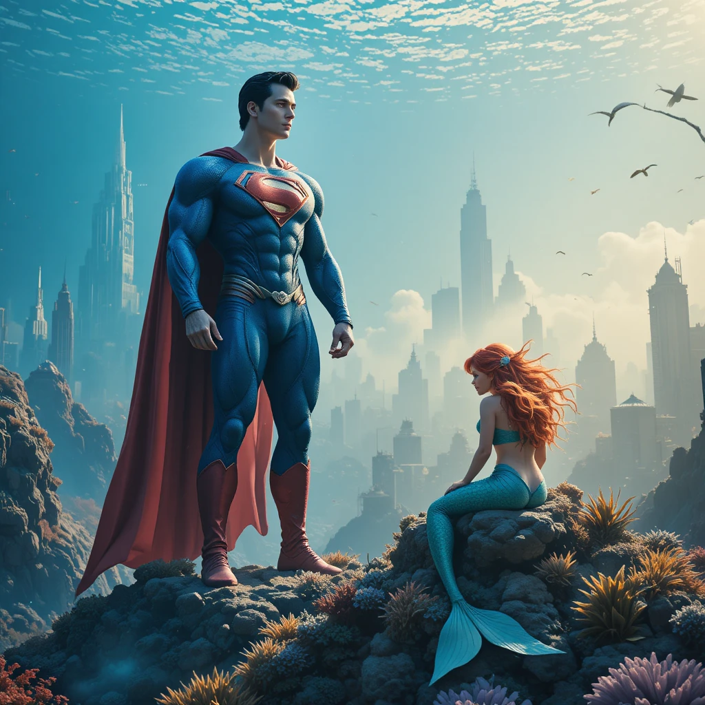 Super-herói em pé sobre corais acima de uma cidade subaquática surreal