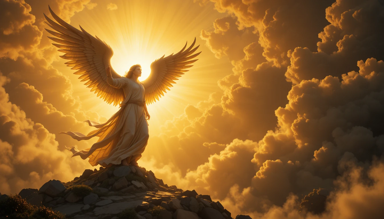 Anjo em pé ao sol chamando seus filhos para casa
